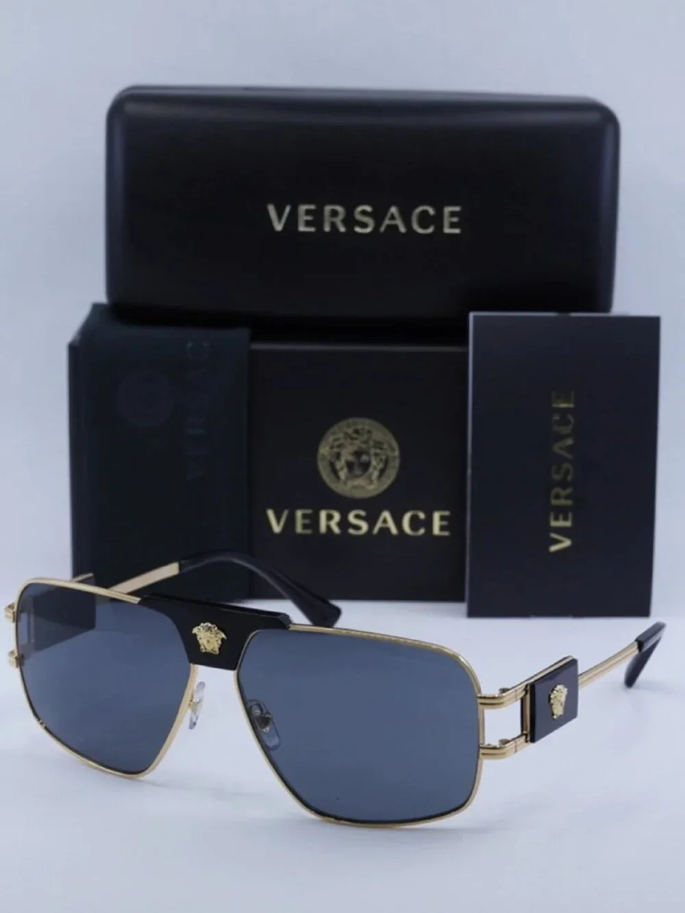 NEW VERSACE VE2252 100287 GOLD DARK GREY AVIATOR AUTHENTIC SUNGLASSES